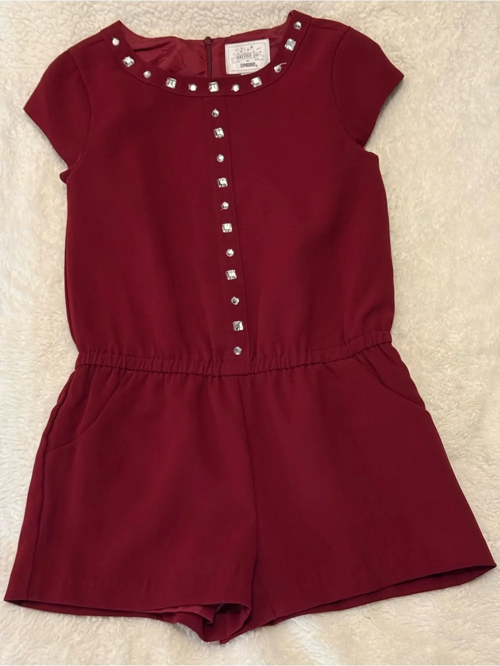 Gymboree Girls Burgundy Short-Sleeve Studded Romper